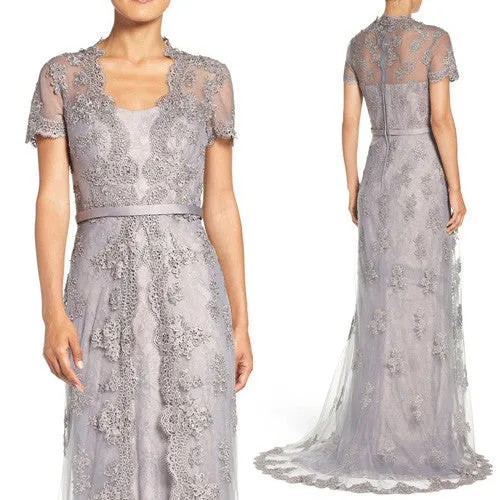 MACloth Cap Sleeves Lace Long Evening Gown Silver Mother of the Brides Dress