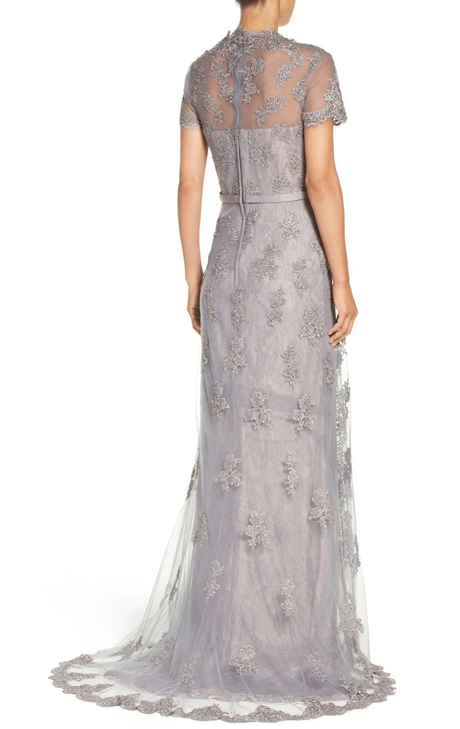MACloth Cap Sleeves Lace Long Evening Gown Silver Mother of the Brides Dress