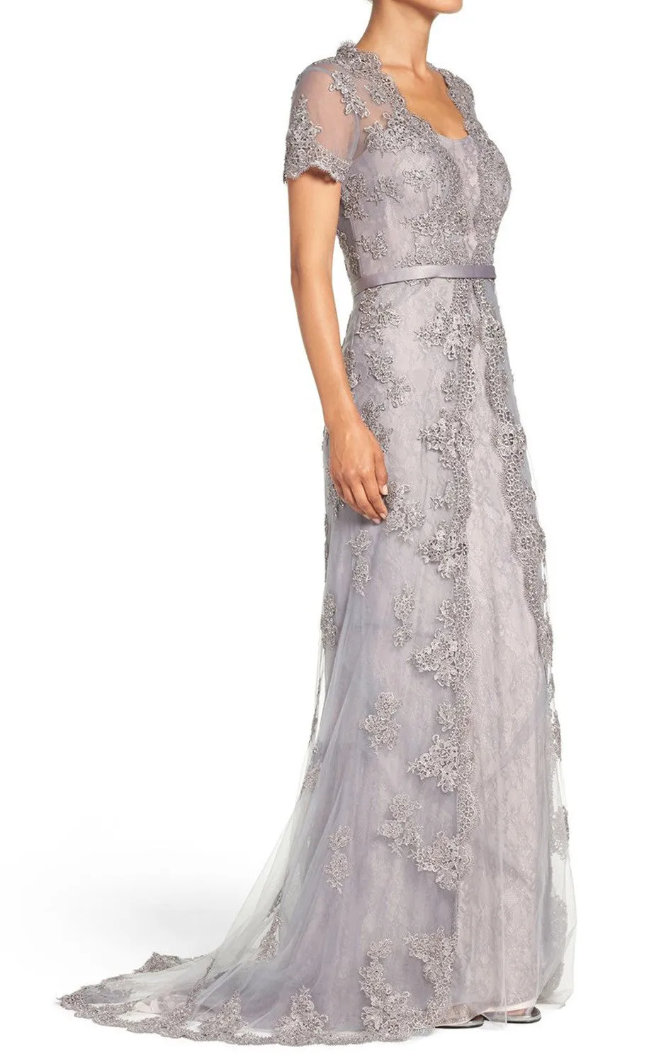 MACloth Cap Sleeves Lace Long Evening Gown Silver Mother of the Brides Dress