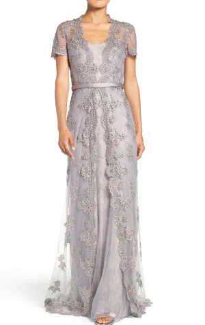 MACloth Cap Sleeves Lace Long Evening Gown Silver Mother of the Brides Dress