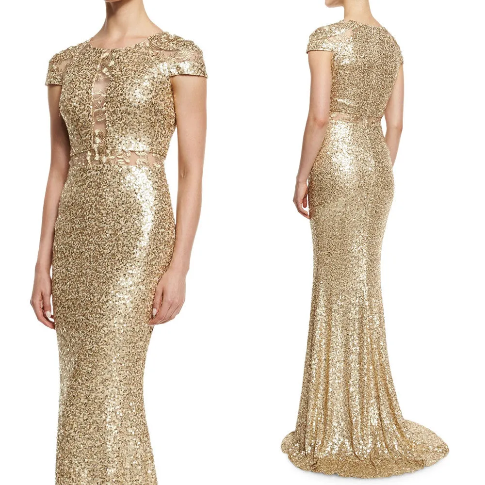 MACloth Cap Sleeves Sequin Gold Long Evening Gown Long Mother of the Brides Dress