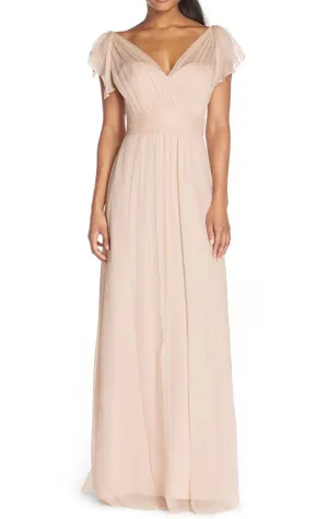 MACloth Cap Sleeves V Neck Chiffon Long Bridesmaid Dress Pearl Pink Fomral Gown