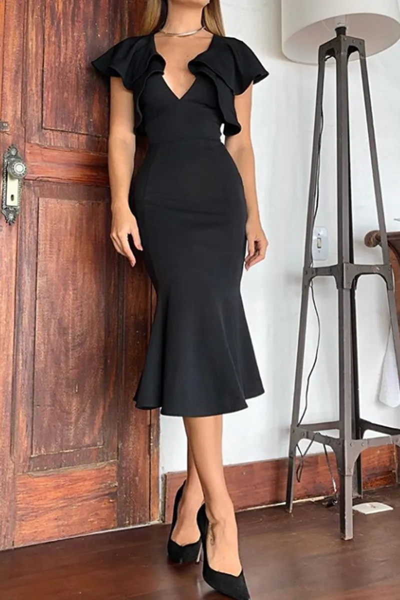 MACloth Cap Sleeves V neck Midi Red Cocktail Dress Jersey Formal Party Dress
