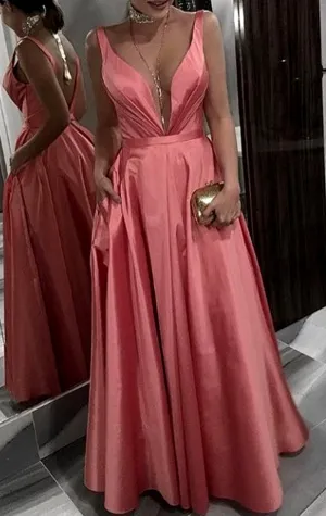 MACloth Deep V Neck Taffeta Long Prom Dress Coral Formal Evening Gown
