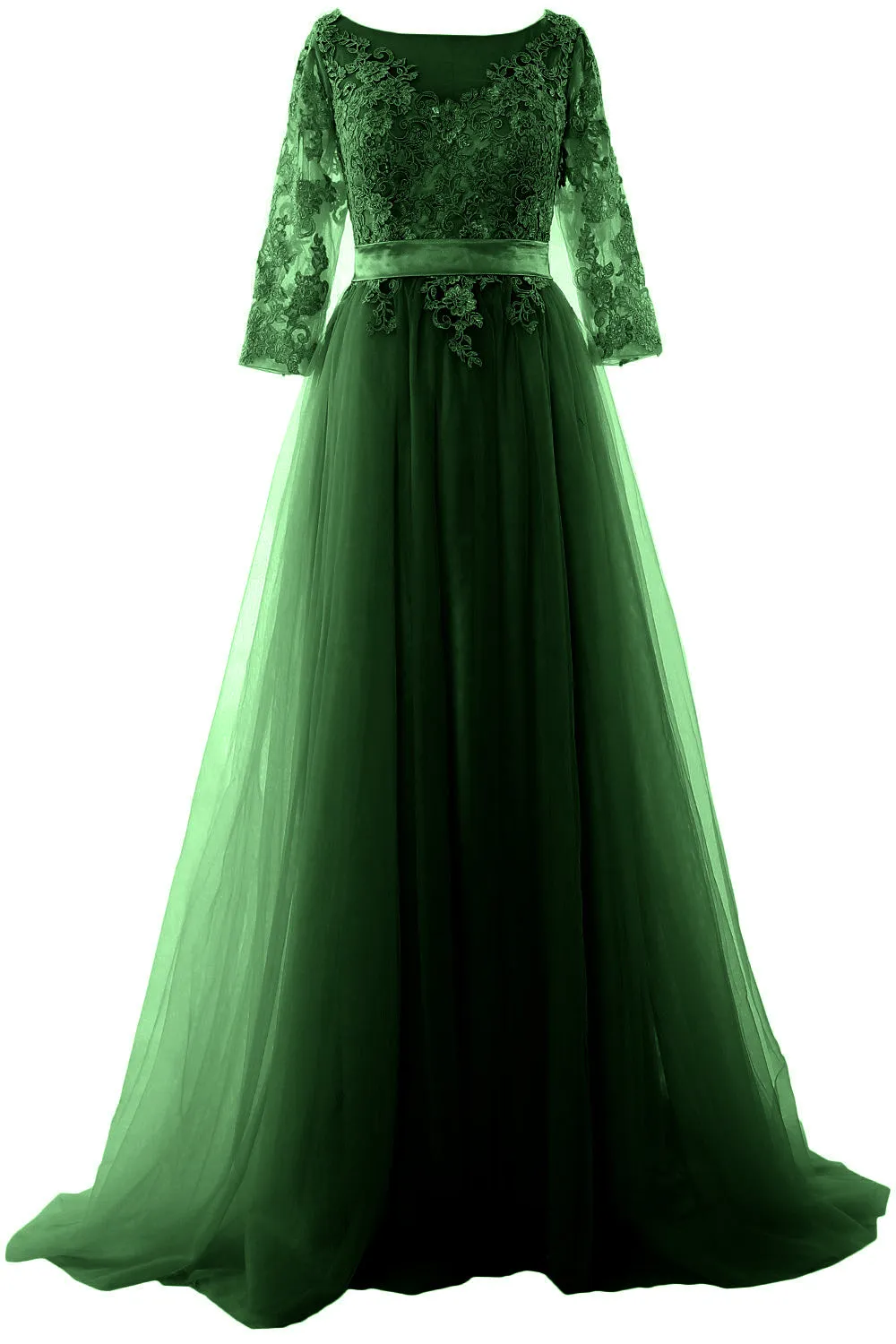 MACloth Elegant Half Sleeve Prom Dress Lace Tulle Maxi Evening Formal Gown