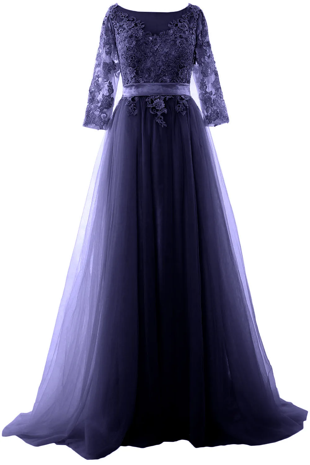 MACloth Elegant Half Sleeve Prom Dress Lace Tulle Maxi Evening Formal Gown
