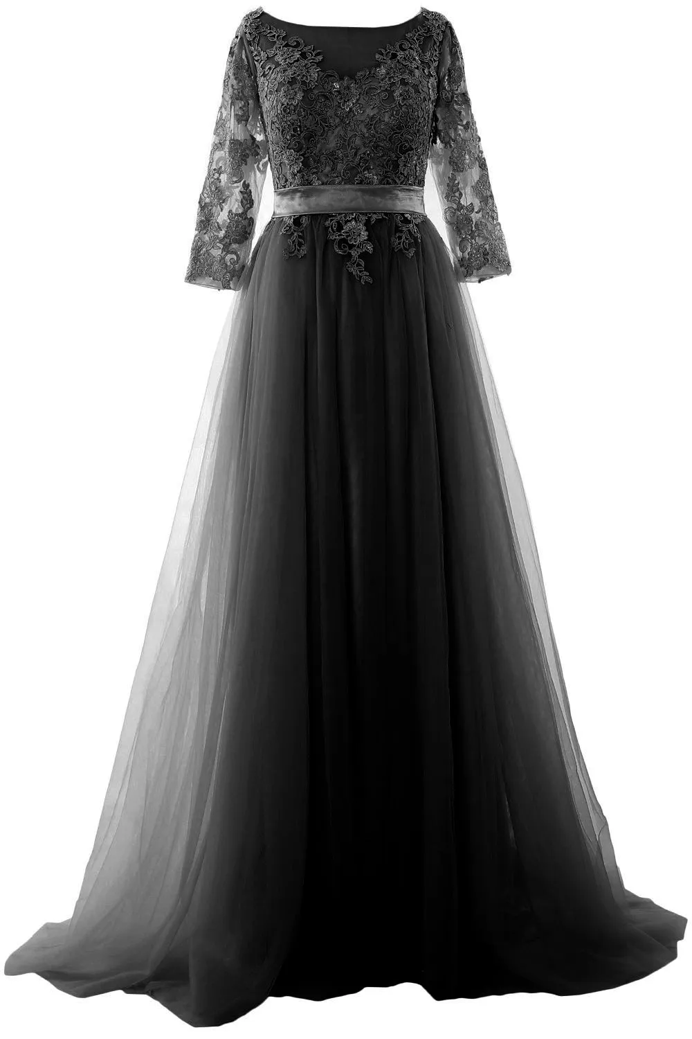 MACloth Elegant Half Sleeve Prom Dress Lace Tulle Maxi Evening Formal Gown