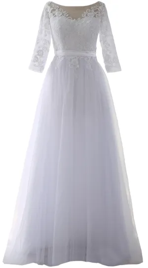 MACloth Elegant Half Sleeve Prom Dress Lace Tulle Maxi Evening Formal Gown