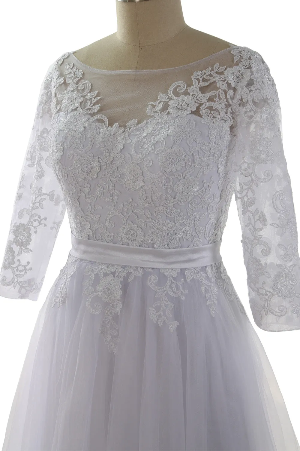 MACloth Elegant Half Sleeve Prom Dress Lace Tulle Maxi Evening Formal Gown