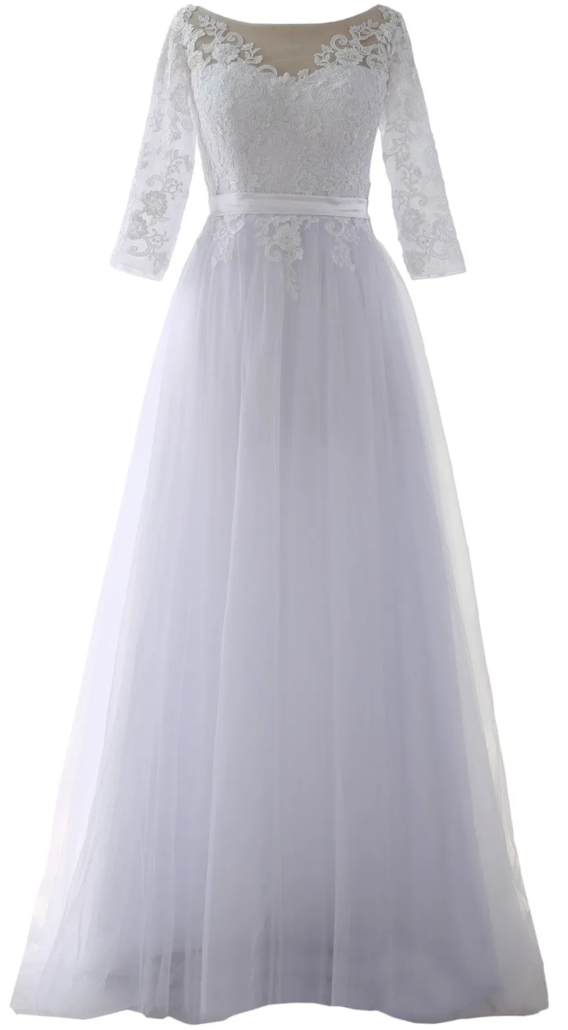 MACloth Elegant Half Sleeve Prom Dress Lace Tulle Maxi Evening Formal Gown