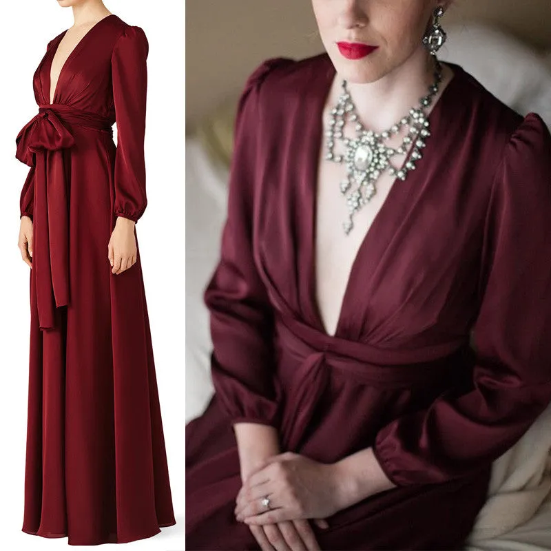 MACloth Long Sleeve V Neck Evening Gown Burgundy Mother of the Brides Dress