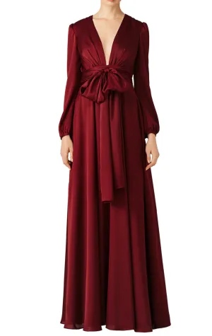 MACloth Long Sleeve V Neck Evening Gown Burgundy Mother of the Brides Dress