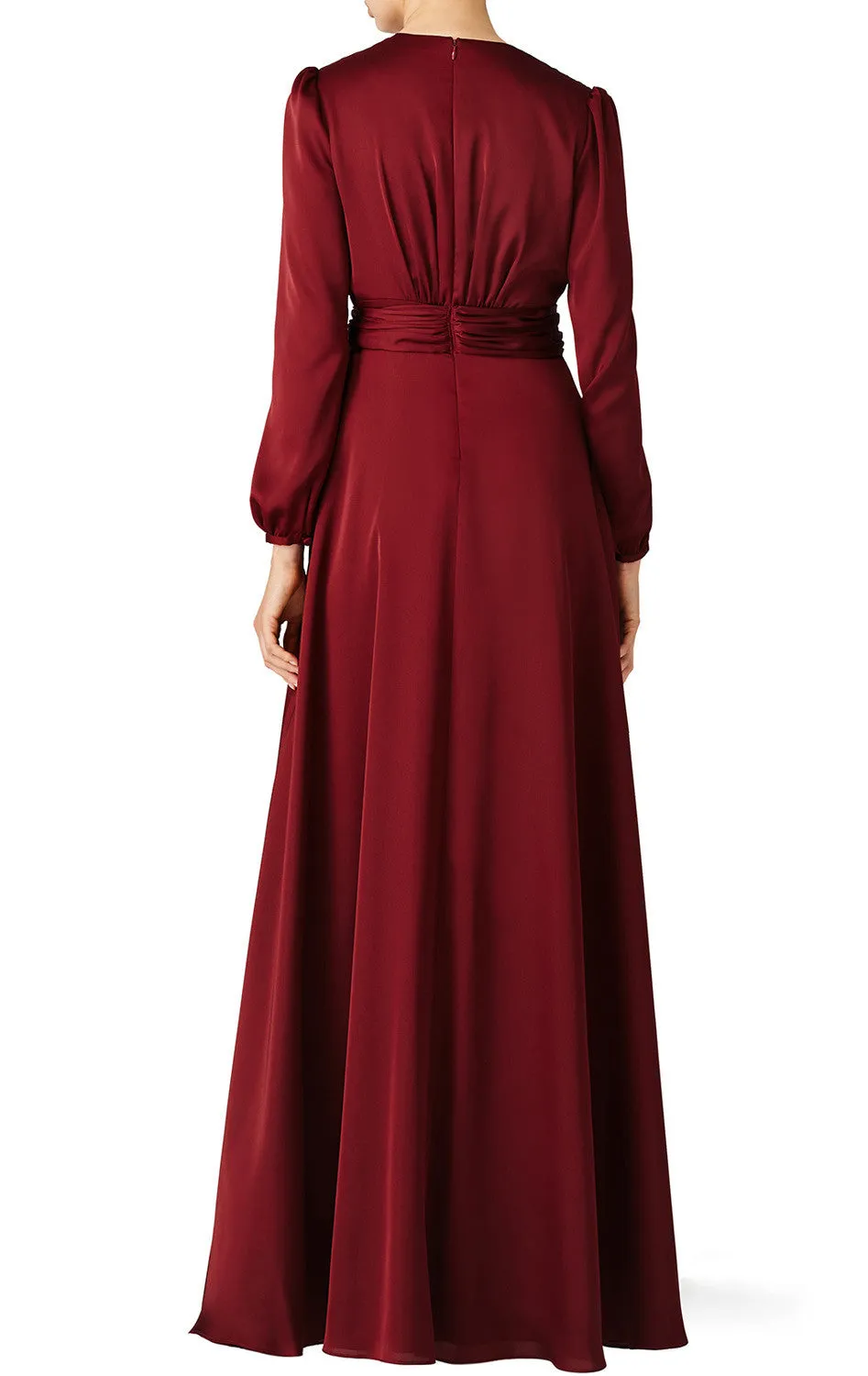 MACloth Long Sleeve V Neck Evening Gown Burgundy Mother of the Brides Dress
