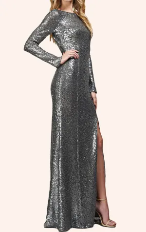 MACloth Long Sleeves Deep V Neck Sequin Evening Gown Gray Prom Dress