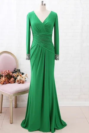 MACloth Long Sleeves V Neck Jersey Long Mother of the Brides Dress Green Formal Evening Gown