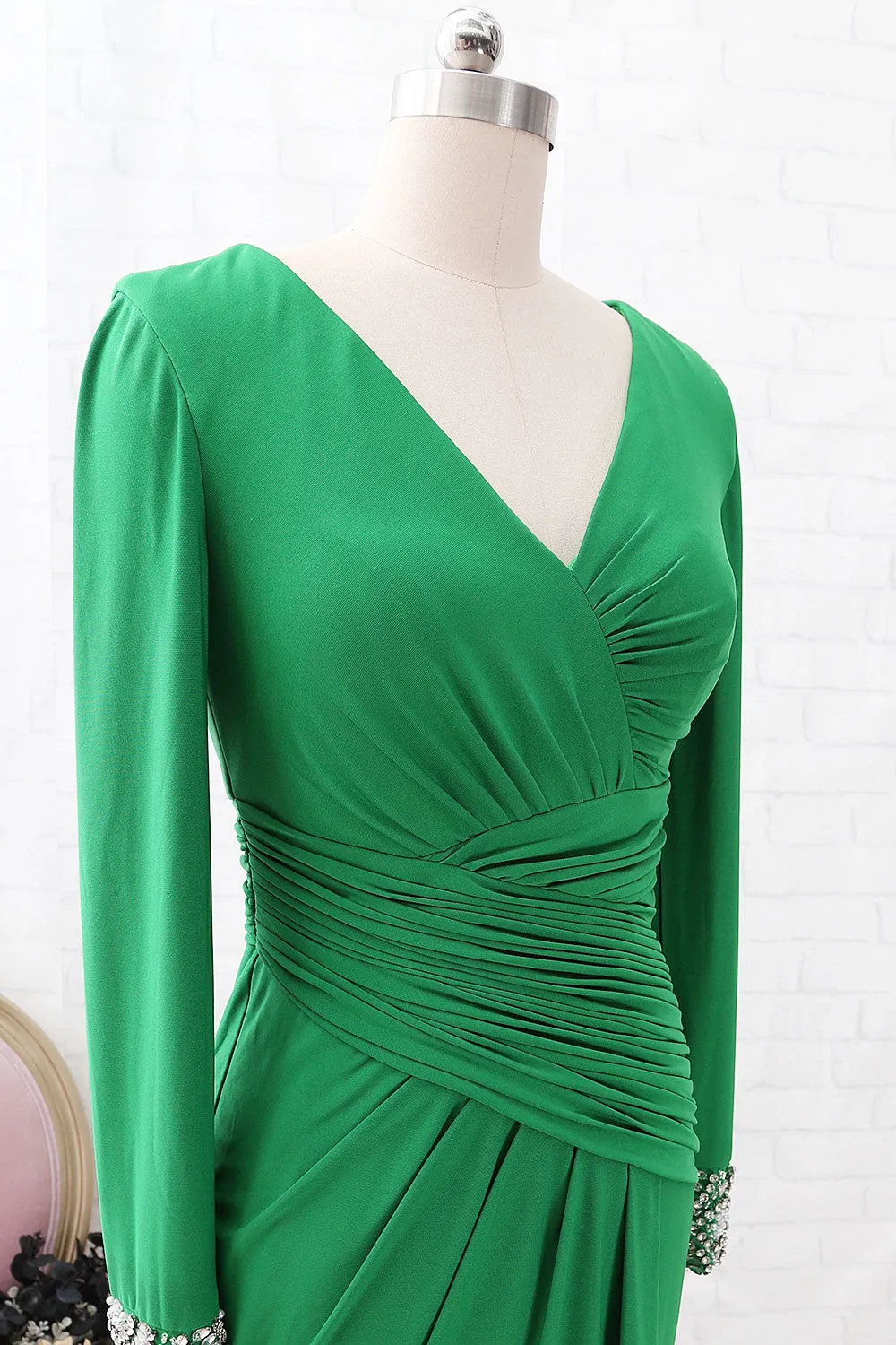 MACloth Long Sleeves V Neck Jersey Long Mother of the Brides Dress Green Formal Evening Gown