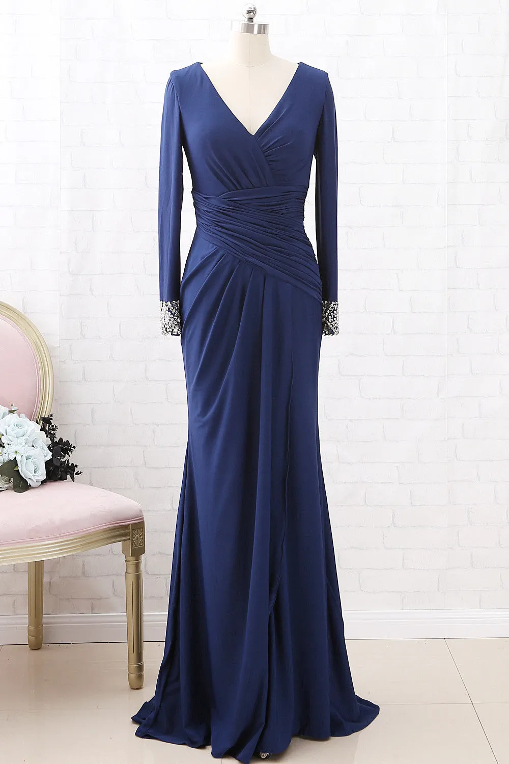 MACloth Long Sleeves V Neck Jersey Long Mother of the Brides Dress Green Formal Evening Gown