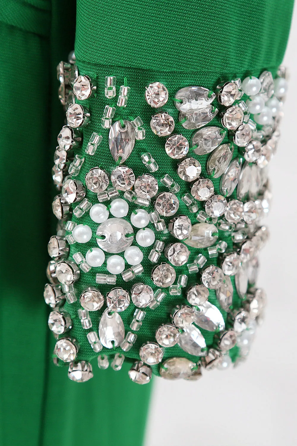 MACloth Long Sleeves V Neck Jersey Long Mother of the Brides Dress Green Formal Evening Gown