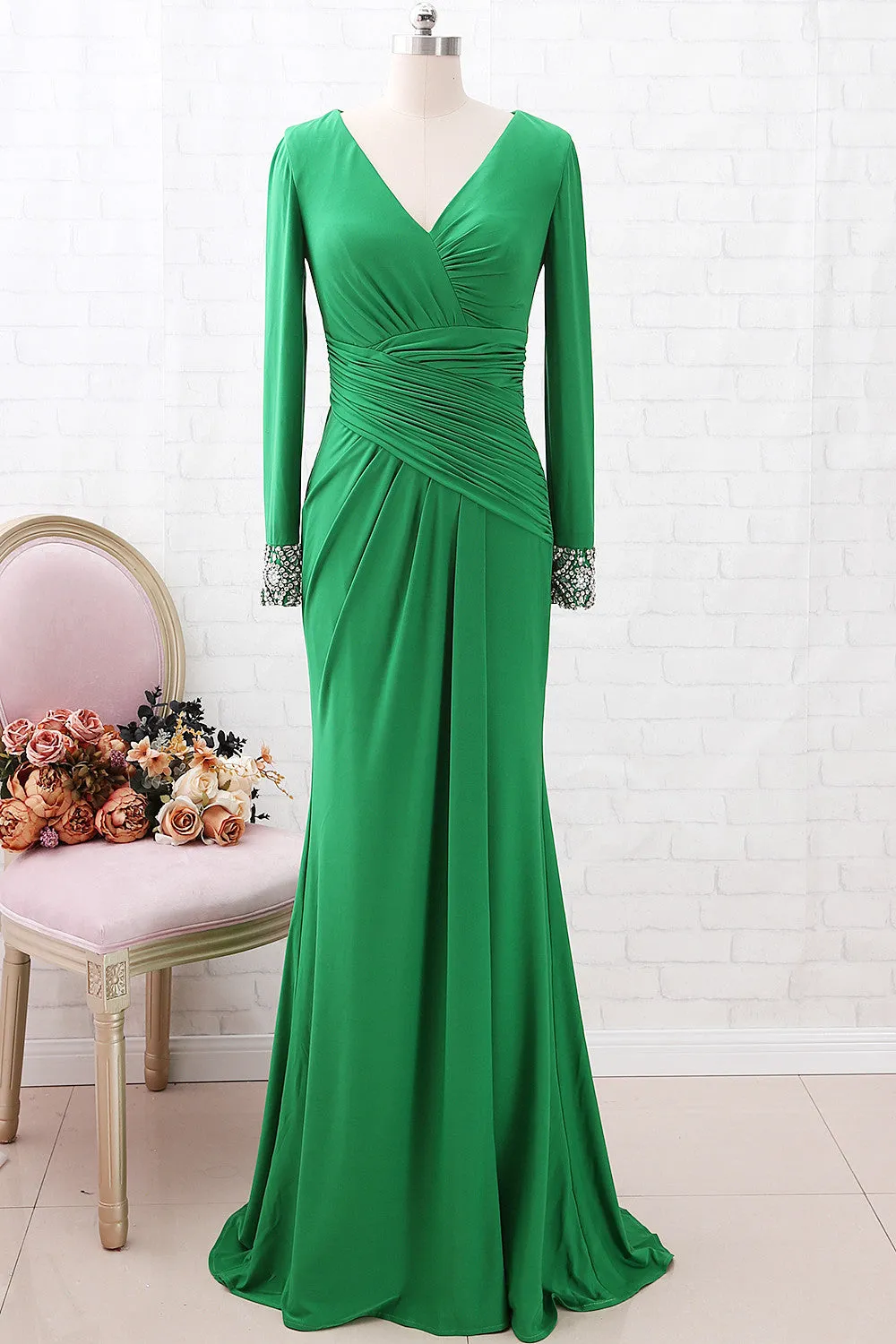 MACloth Long Sleeves V Neck Jersey Long Mother of the Brides Dress Green Formal Evening Gown