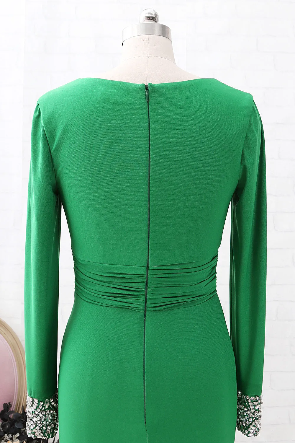 MACloth Long Sleeves V Neck Jersey Long Mother of the Brides Dress Green Formal Evening Gown