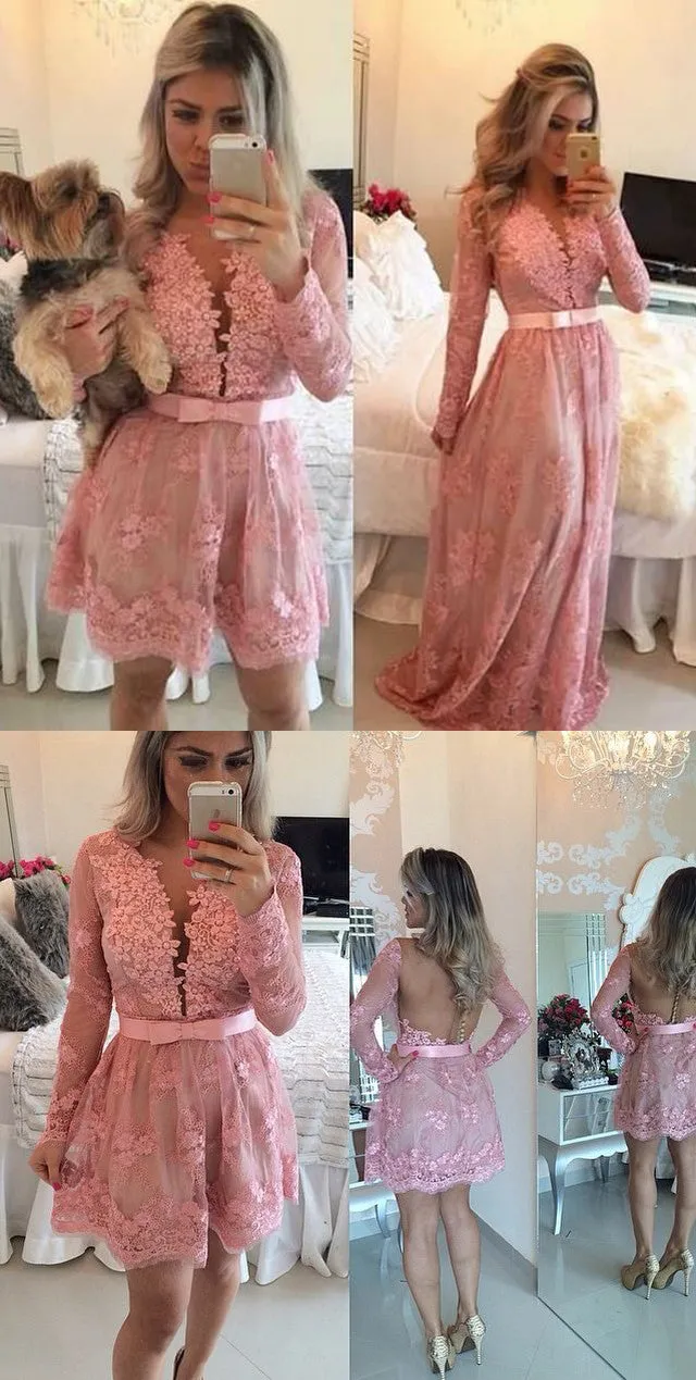 MACloth Long Sleeves V Neck Lace Prom Homecoming Dress Pink Formal Evening Gown