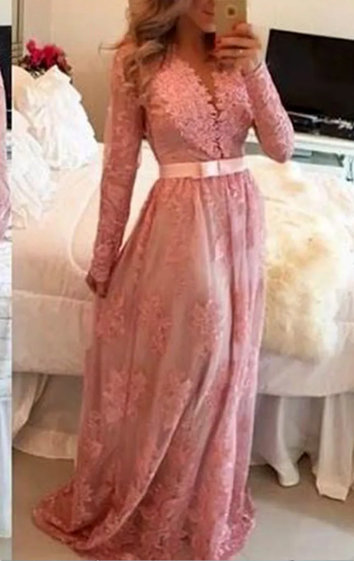 MACloth Long Sleeves V Neck Lace Prom Homecoming Dress Pink Formal Evening Gown