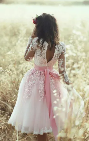 MACloth Long Sleeves V Neck Lace Tulle Cocktail Dress Pink Short Prom Dress