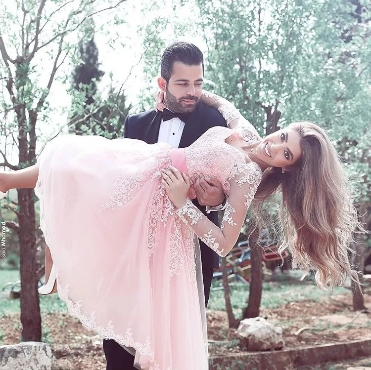 MACloth Long Sleeves V Neck Lace Tulle Cocktail Dress Pink Short Prom Dress