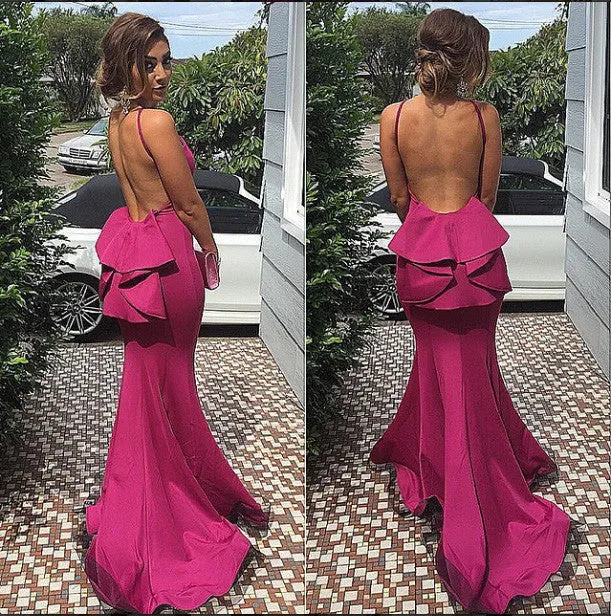 MACloth Meramid Halter Jersey Maxi Evening Gown Fuchsia Prom Dress