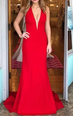 MACloth Mermaid Halter V neck Long Prom Dress Red Formal Evening Gown