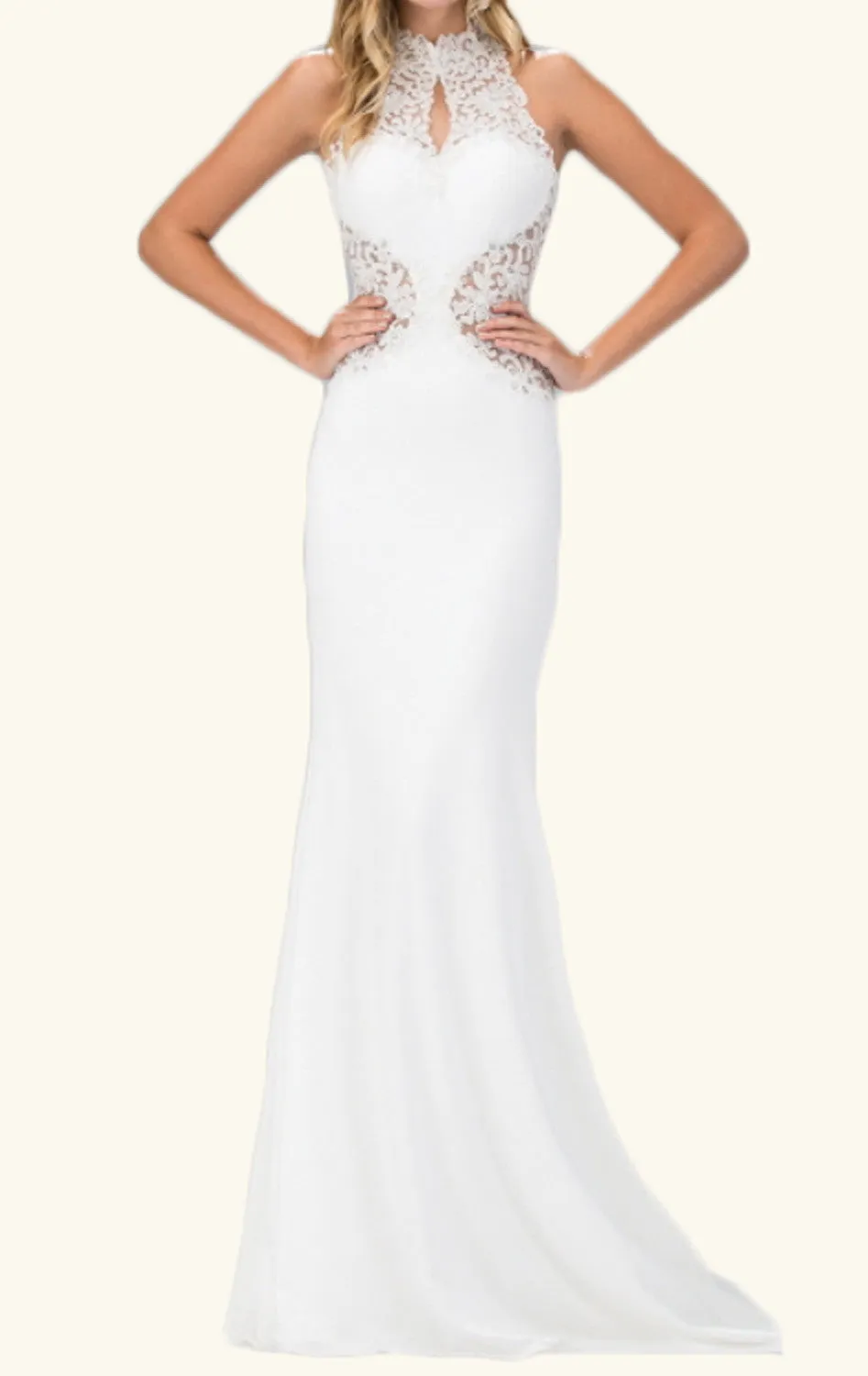 MACloth Mermaid High Neck Lace Jersey Prom Dress Long Formal Evening Gown