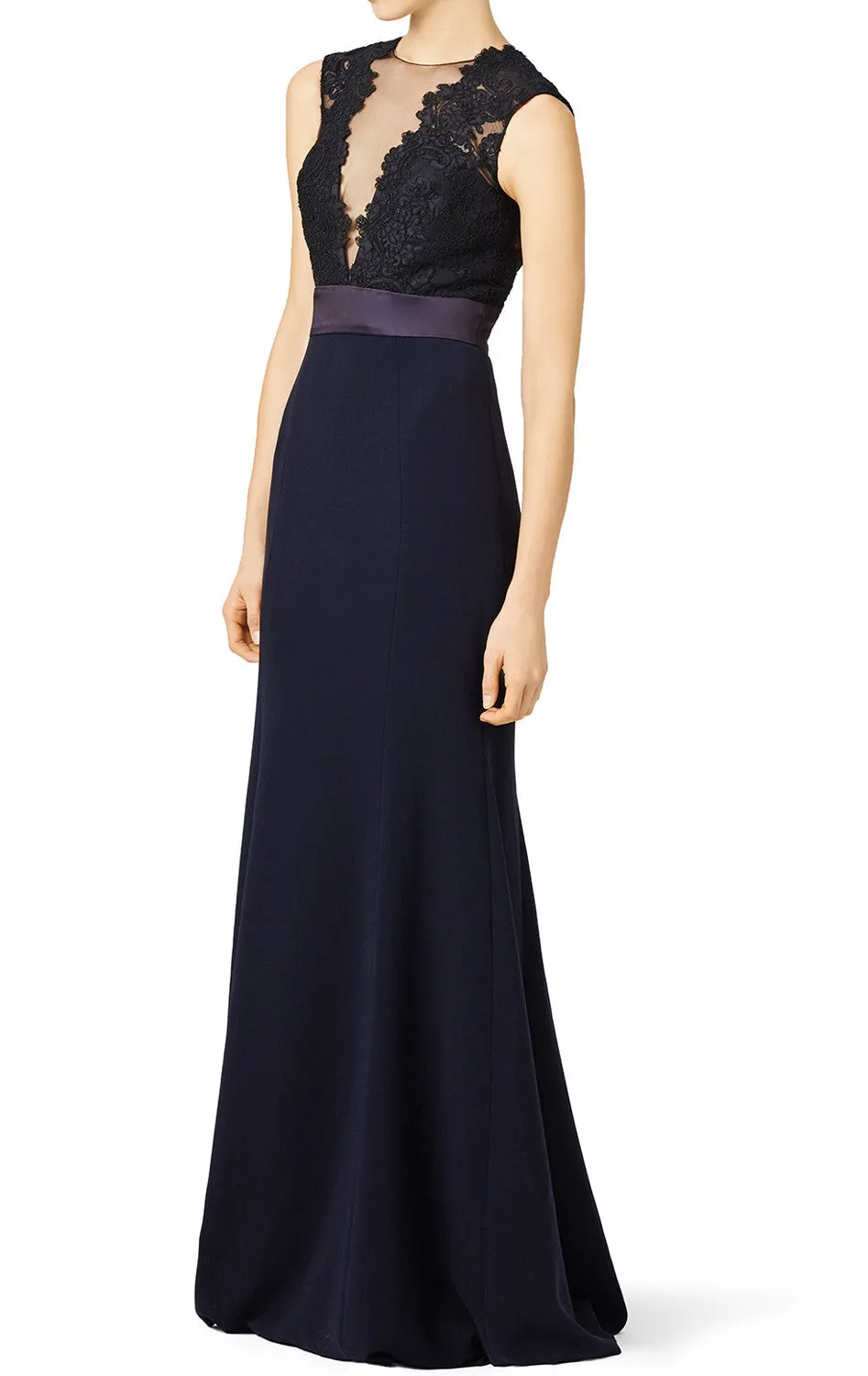 MACloth Mermaid Lace Jersey Long Evening Gown Dark Navy Mother of the Brides Dress