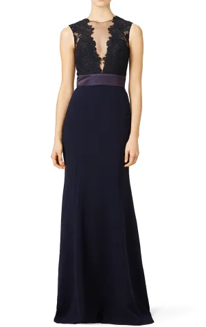 MACloth Mermaid Lace Jersey Long Evening Gown Dark Navy Mother of the Brides Dress
