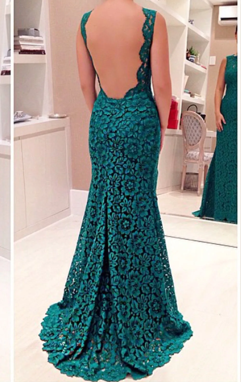 MACloth Mermaid Lace Prom Dress with Slit Teal Evening Formal Gown