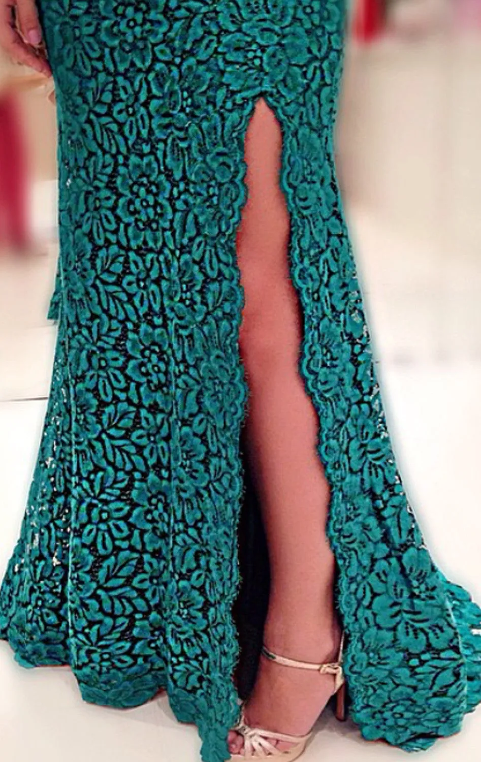 MACloth Mermaid Lace Prom Dress with Slit Teal Evening Formal Gown
