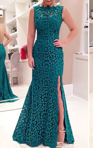 MACloth Mermaid Lace Prom Dress with Slit Teal Evening Formal Gown