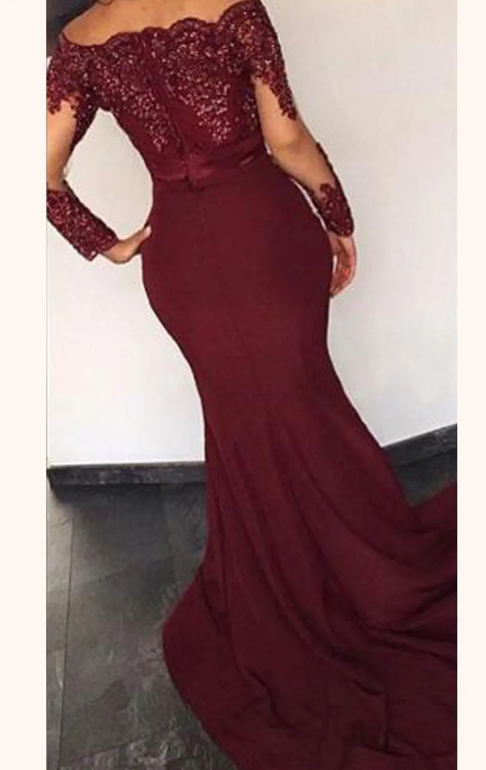 MACloth Mermaid Long Sleeve Lace Jersey Prom Dress Purple Formal Gown