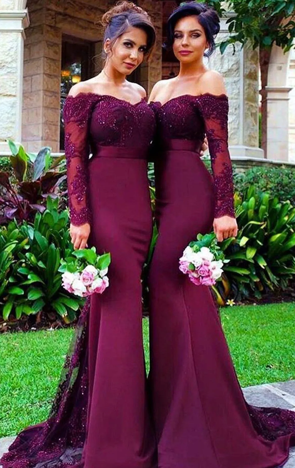 MACloth Mermaid Long Sleeve Lace Jersey Prom Dress Purple Formal Gown