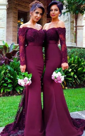 MACloth Mermaid Long Sleeve Lace Jersey Prom Dress Purple Formal Gown