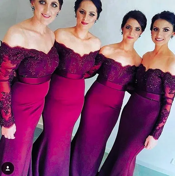 MACloth Mermaid Long Sleeve Lace Jersey Prom Dress Purple Formal Gown