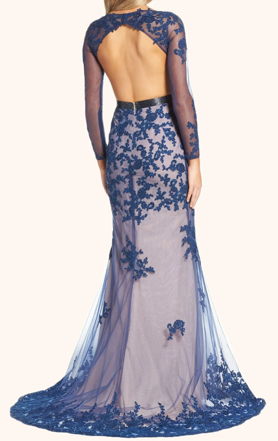 MACloth Mermaid Long Sleeves Lace Formal Evening Gown Navy Prom Dress