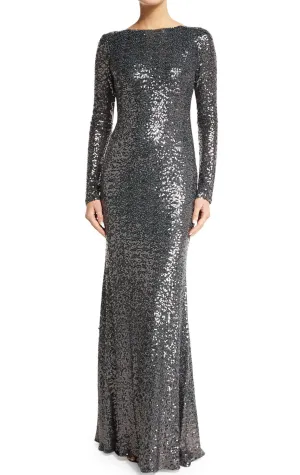 MACloth Mermaid Long Sleeves Sequin Evening Gown Gray Mother of the Brides Dress