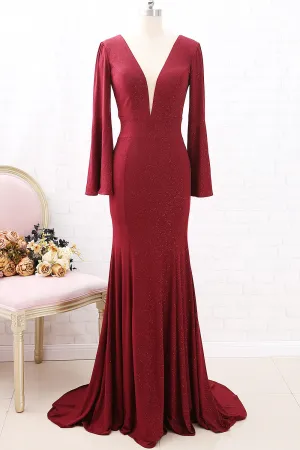 MACloth Mermaid Long Sleeves V neck Burgundy Formal Evening Gown