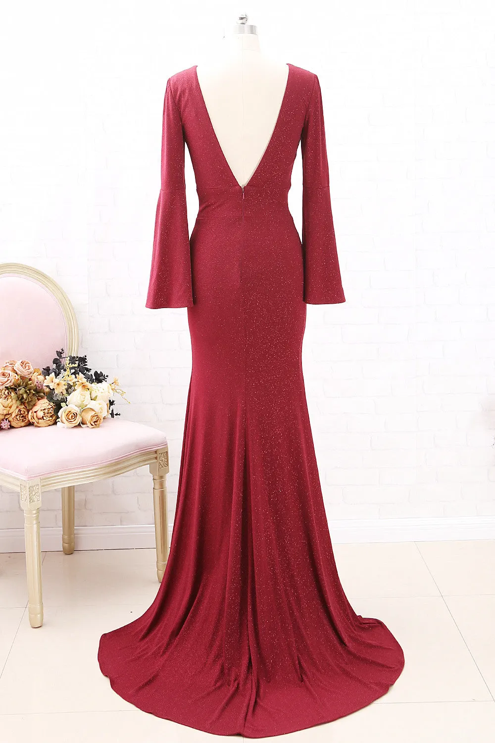 MACloth Mermaid Long Sleeves V neck Burgundy Formal Evening Gown