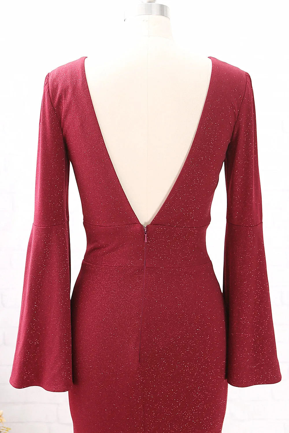 MACloth Mermaid Long Sleeves V neck Burgundy Formal Evening Gown