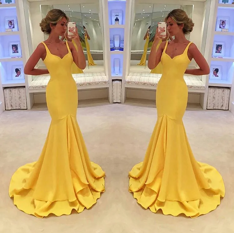 MACloth Mermaid Straps V Neck Tiered Maxi Prom Dress Yellow Jersey Formal Gown