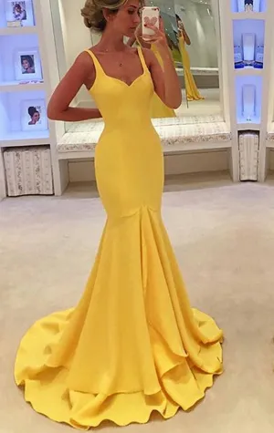 MACloth Mermaid Straps V Neck Tiered Maxi Prom Dress Yellow Jersey Formal Gown