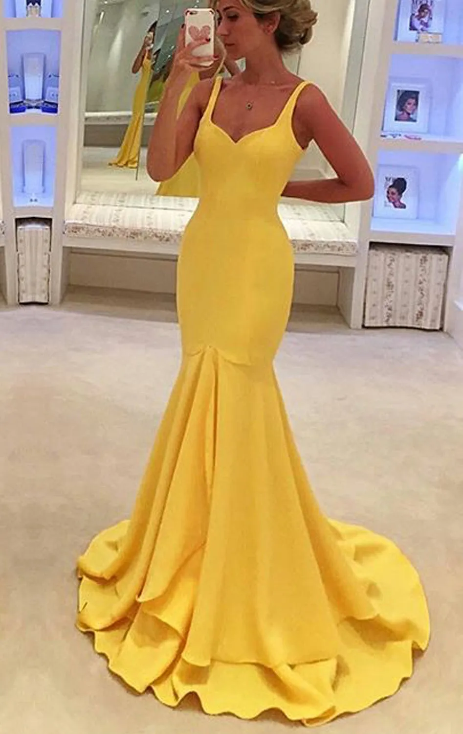 MACloth Mermaid Straps V Neck Tiered Maxi Prom Dress Yellow Jersey Formal Gown