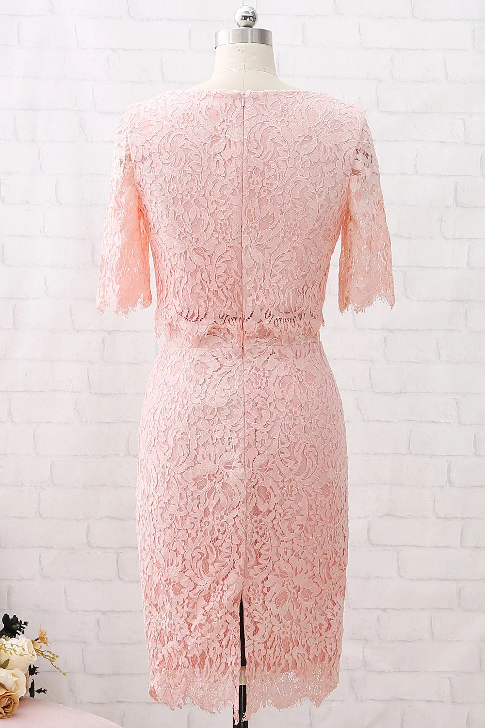 MACloth Short Sleeves Lace Peach Cocktail Dress Knee Length Wedding Party Dress