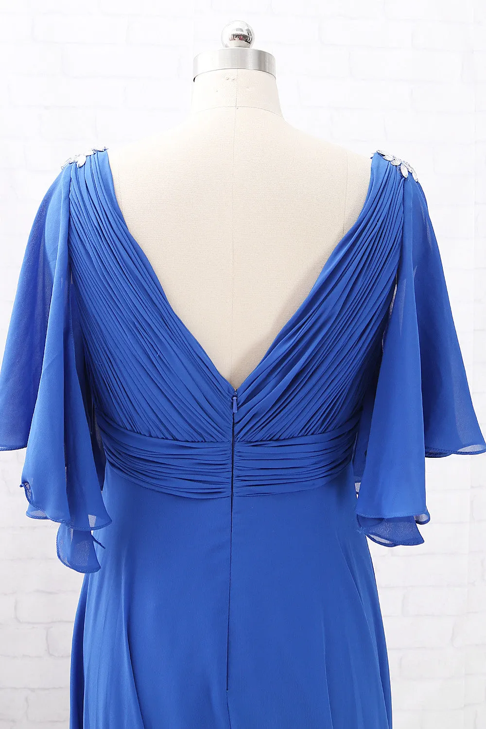 MACloth Short Sleeves V Neck Chiffon Long Mother of the Brides Dress Royal Blue Formal Evening Gown